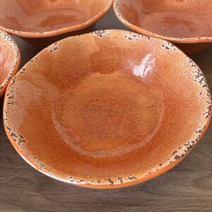2x Pier 1 Carmelo Distressed Melamine, Orange 7” SoupCereal Bowls Rustic, Stack